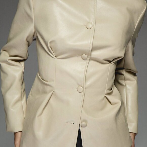 Apricot Elegant Women's Woven Fabric Buttoned Collarless Pintuck Long Coat - Picture 5 of 7